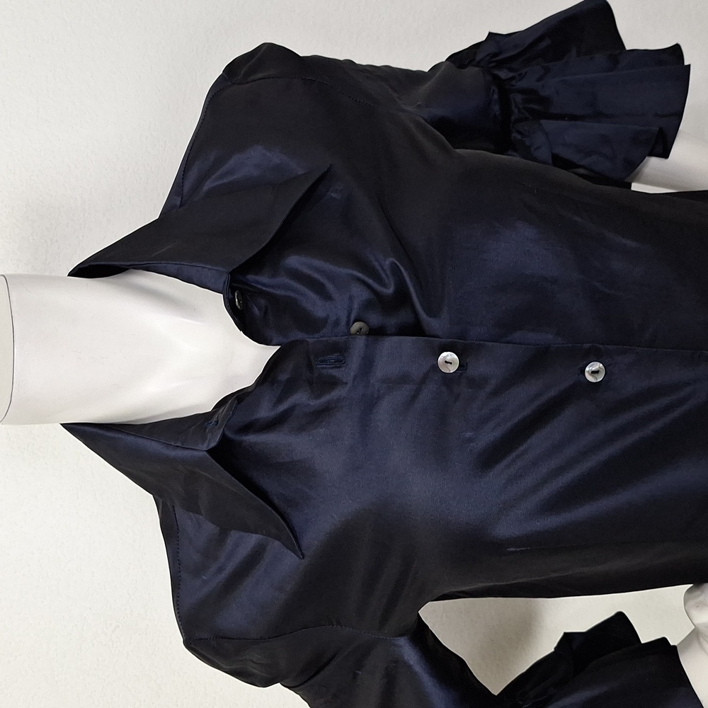 Naeem Khan Navy Blue 100% Silk Ruffle 3/4 Sleeves Button Front Blouse Size 8 - Picture 3 of 13